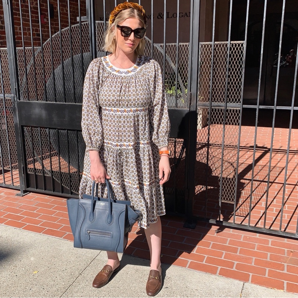 Tory Burch Midi Dress in white blue and yellow